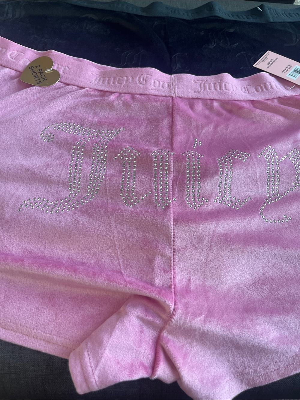 2 Juicy Couture Black and Pink Rhinestone Logo VelourSleep Shorts New